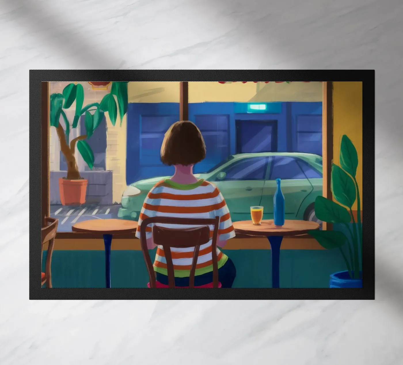 Cafe Window Contemplation doormat by Pake Nebula