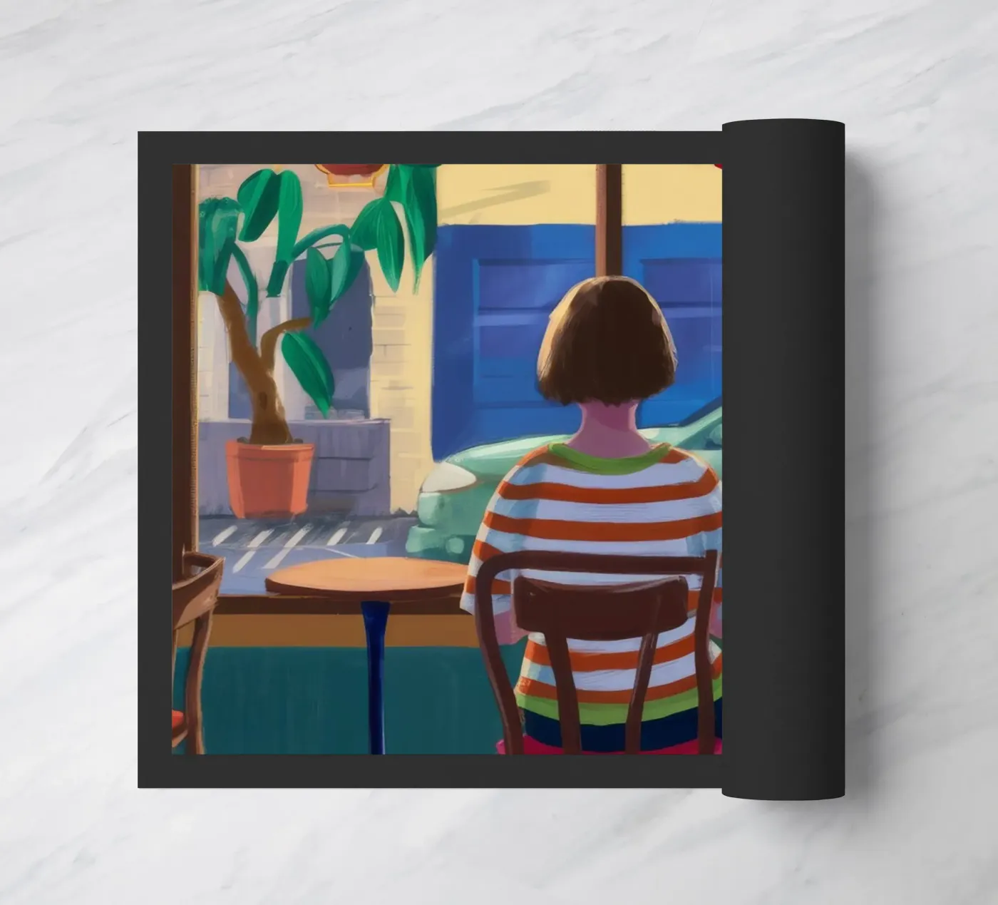 Cafe Window Contemplation doormat by Pake Nebula