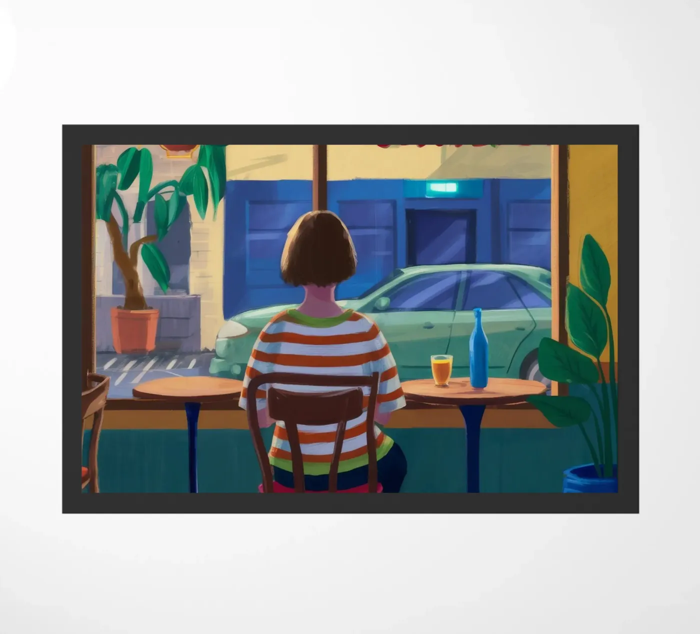 Cafe Window Contemplation doormat by Pake Nebula