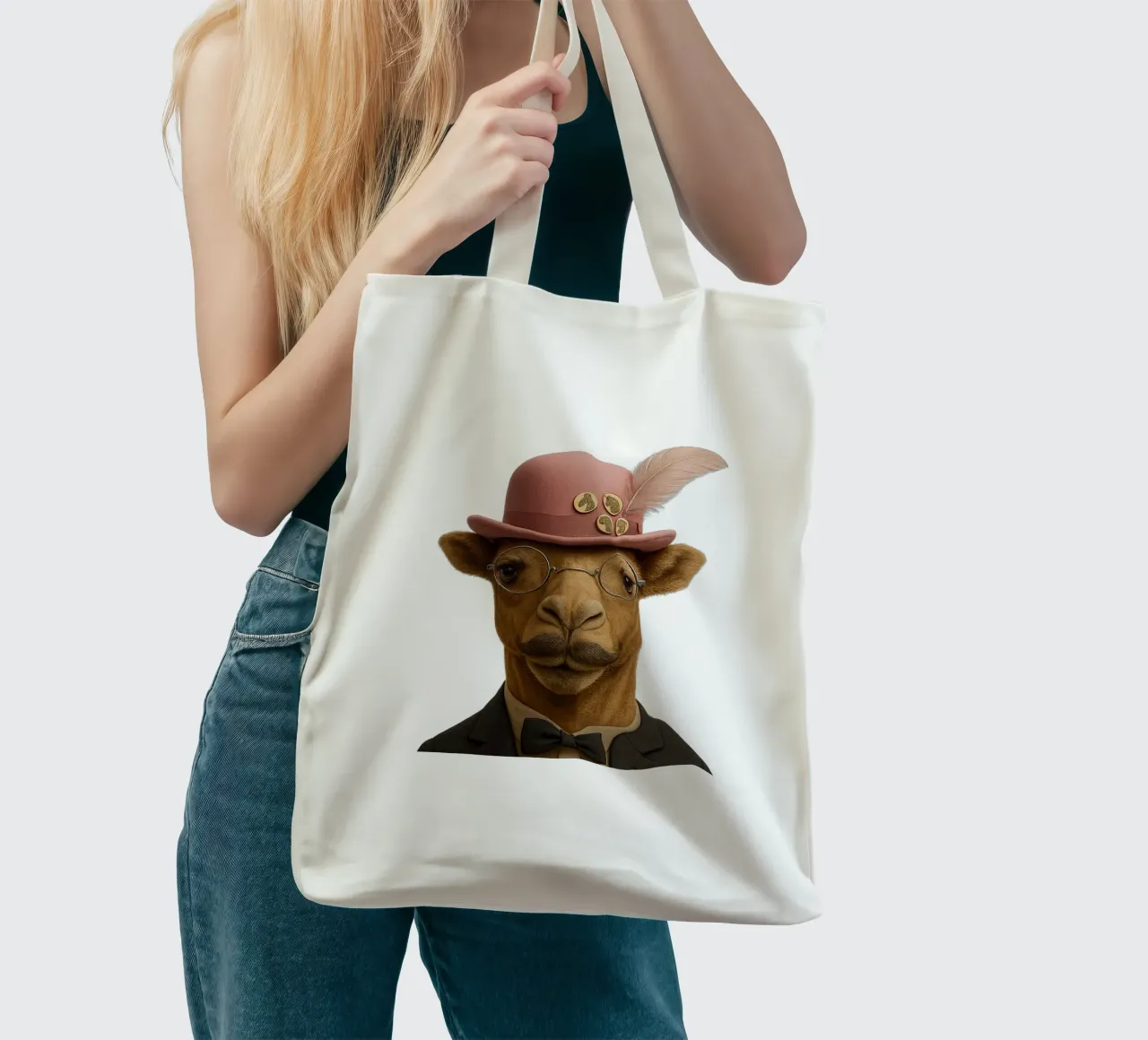 The elegance of a camel in Paris - pink hat and moustache tote bag by So Cute Land - Affiches et posters