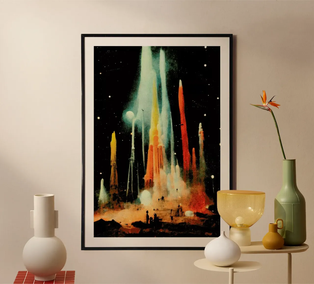 Space Station poster con telaio in legno da treechild