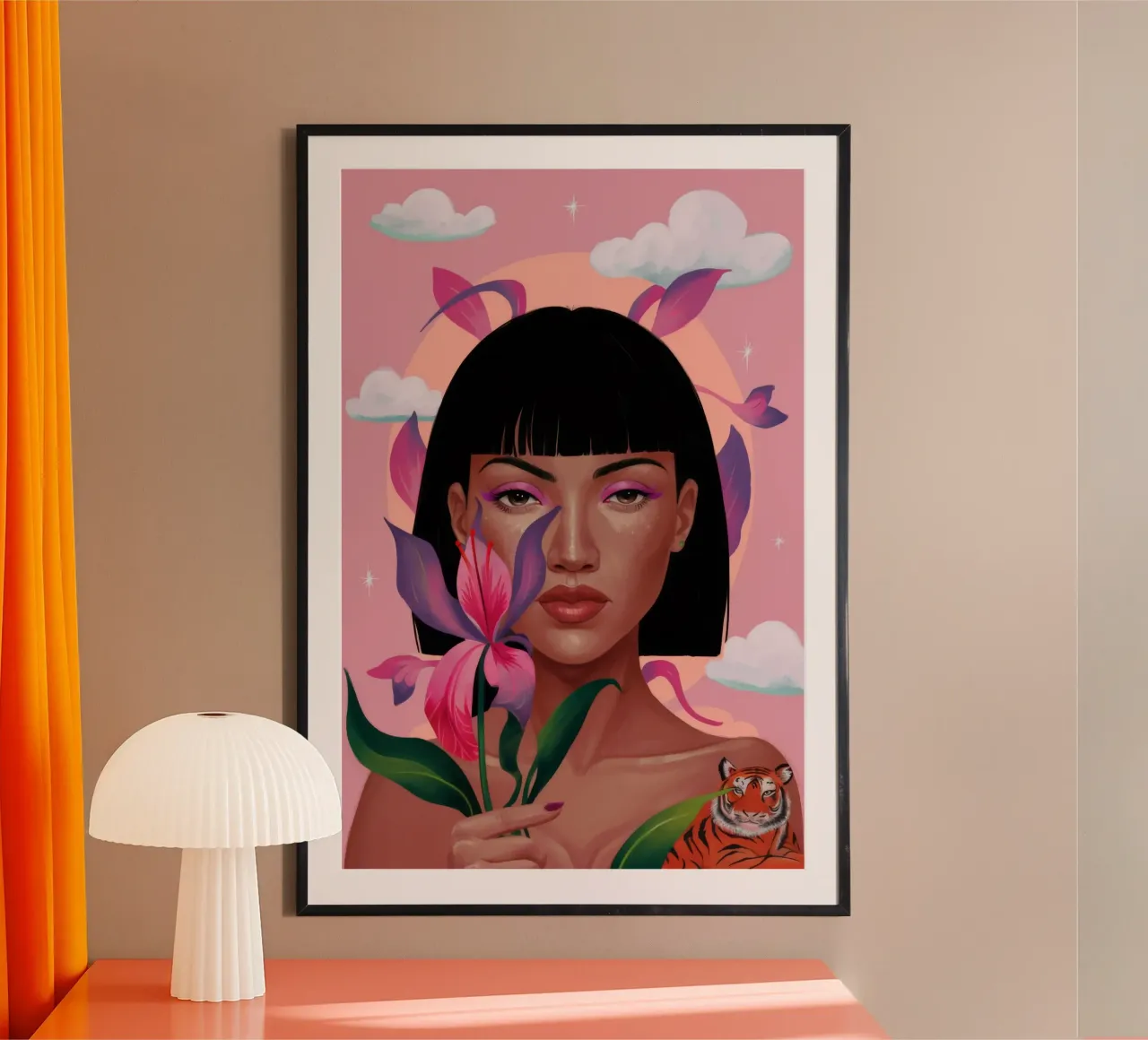 Reverie floreale della tigre poster con telaio in alluminio da Aether Brush