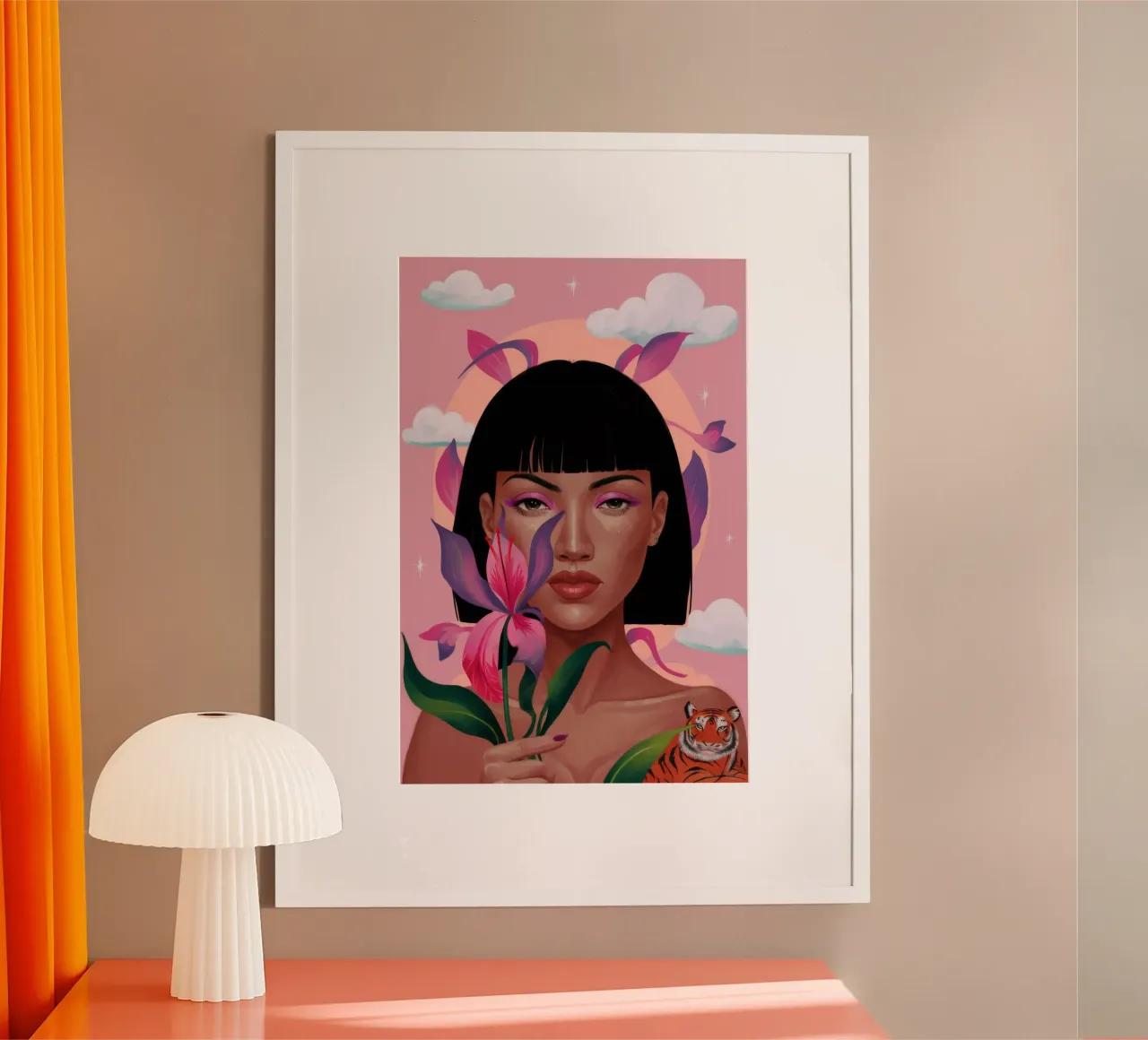 Reverie floreale della tigre poster con telaio in alluminio da Aether Brush