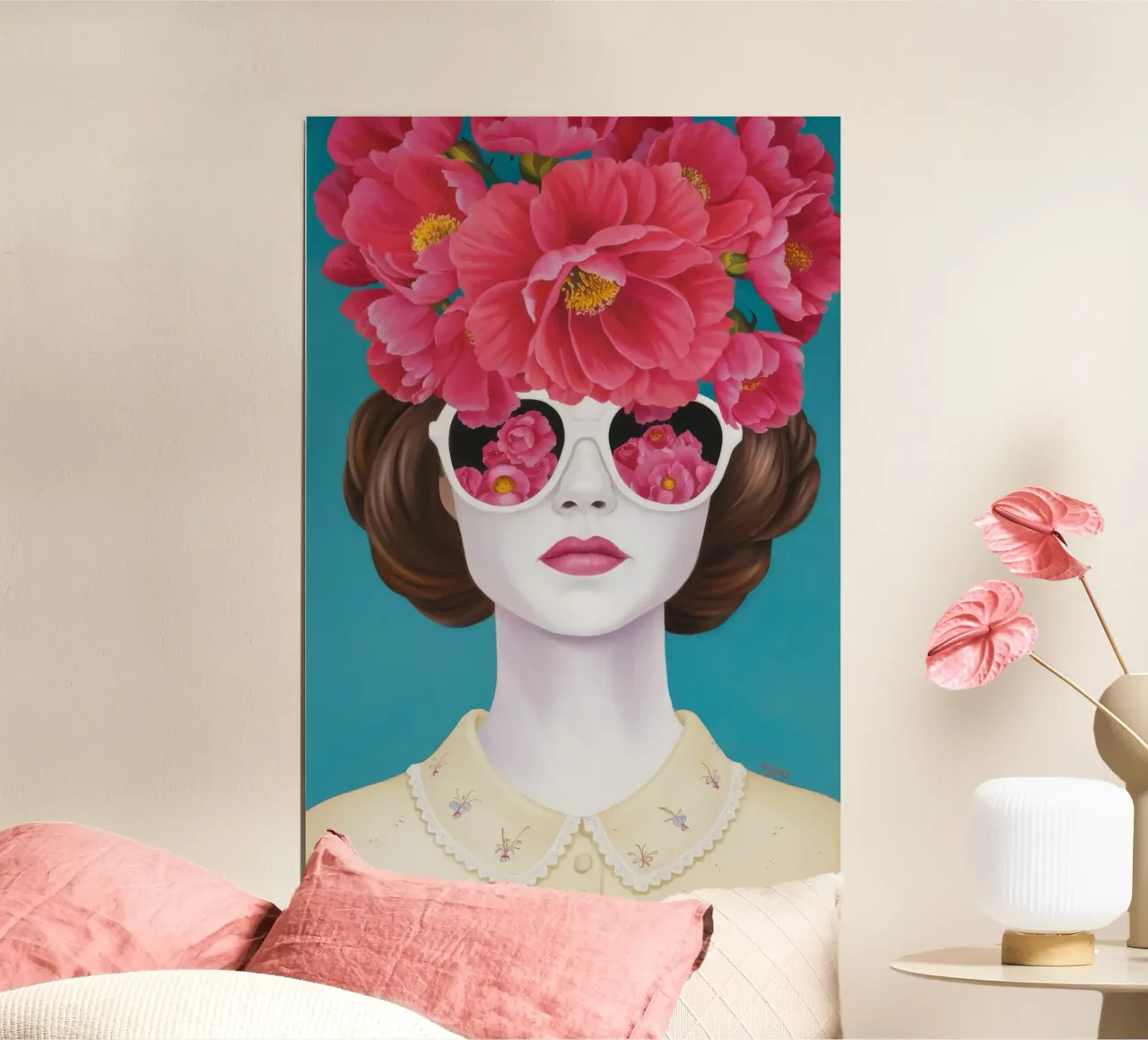 Visione surreale della peonia poster con telaio in plastica da Aether Brush