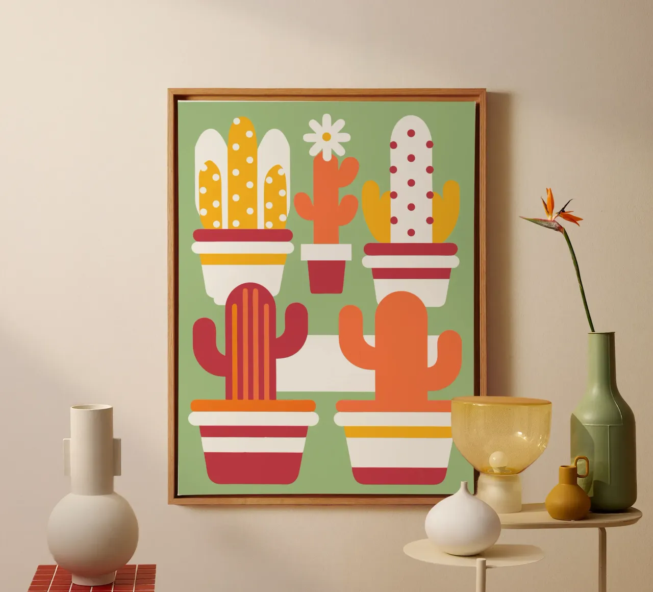 Cactus and Stacked Vase canvas with Floater frame by FLOWER PLACE SHOP