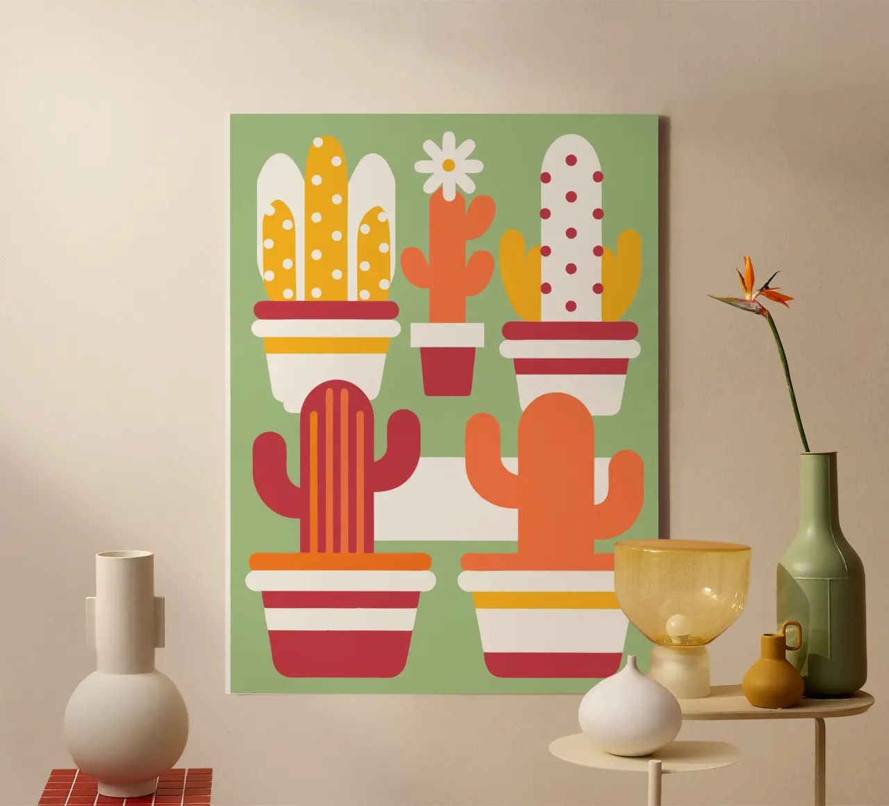 Cactus and Stacked Vase canvas with Floater frame by FLOWER PLACE SHOP