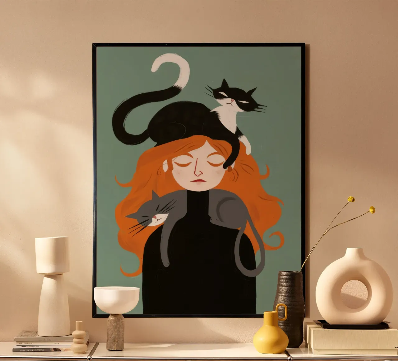 Abbraccio da sogno felino poster con telaio in plastica da Aether Brush