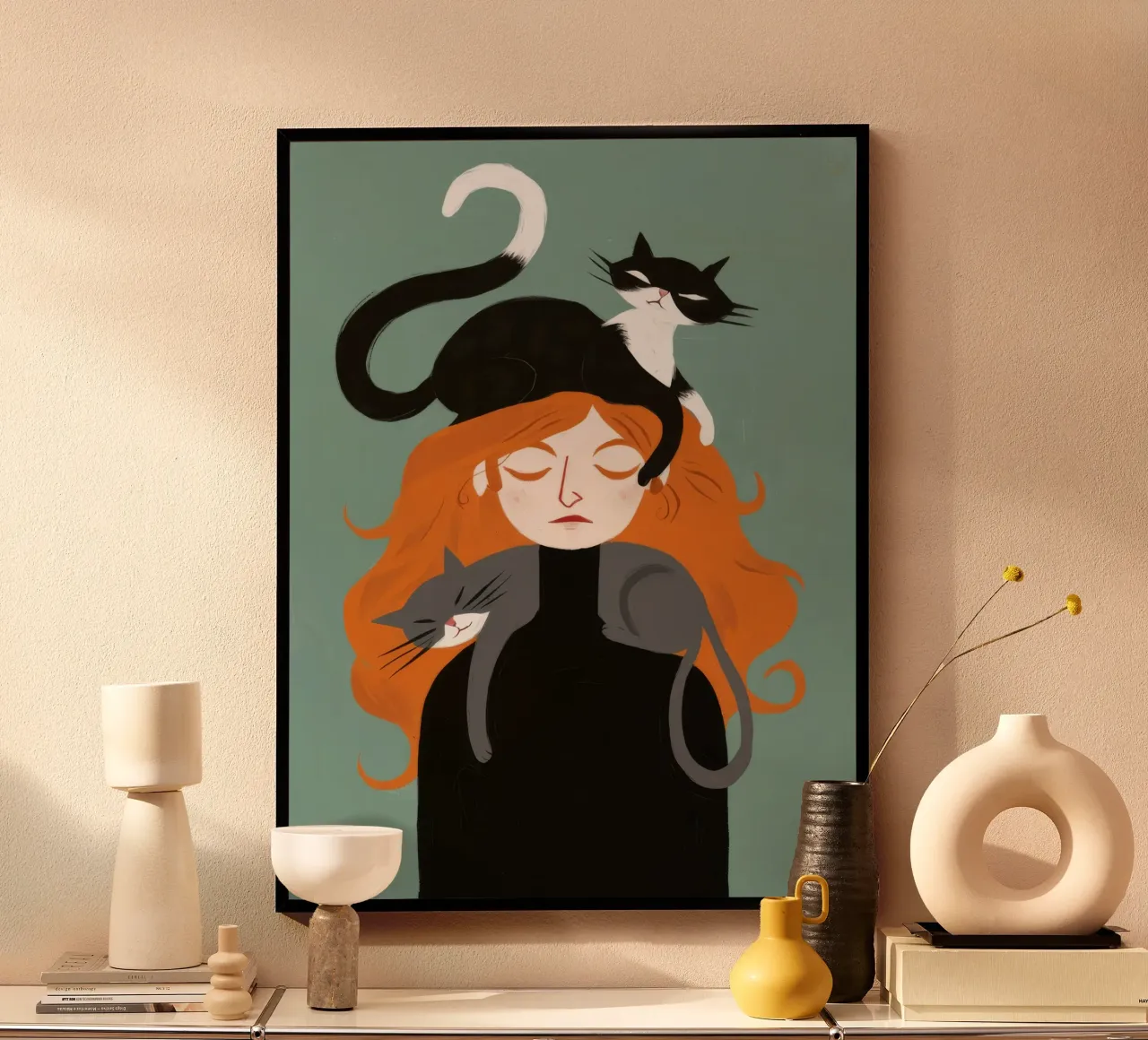 Abbraccio da sogno felino poster con telaio in plastica da Aether Brush