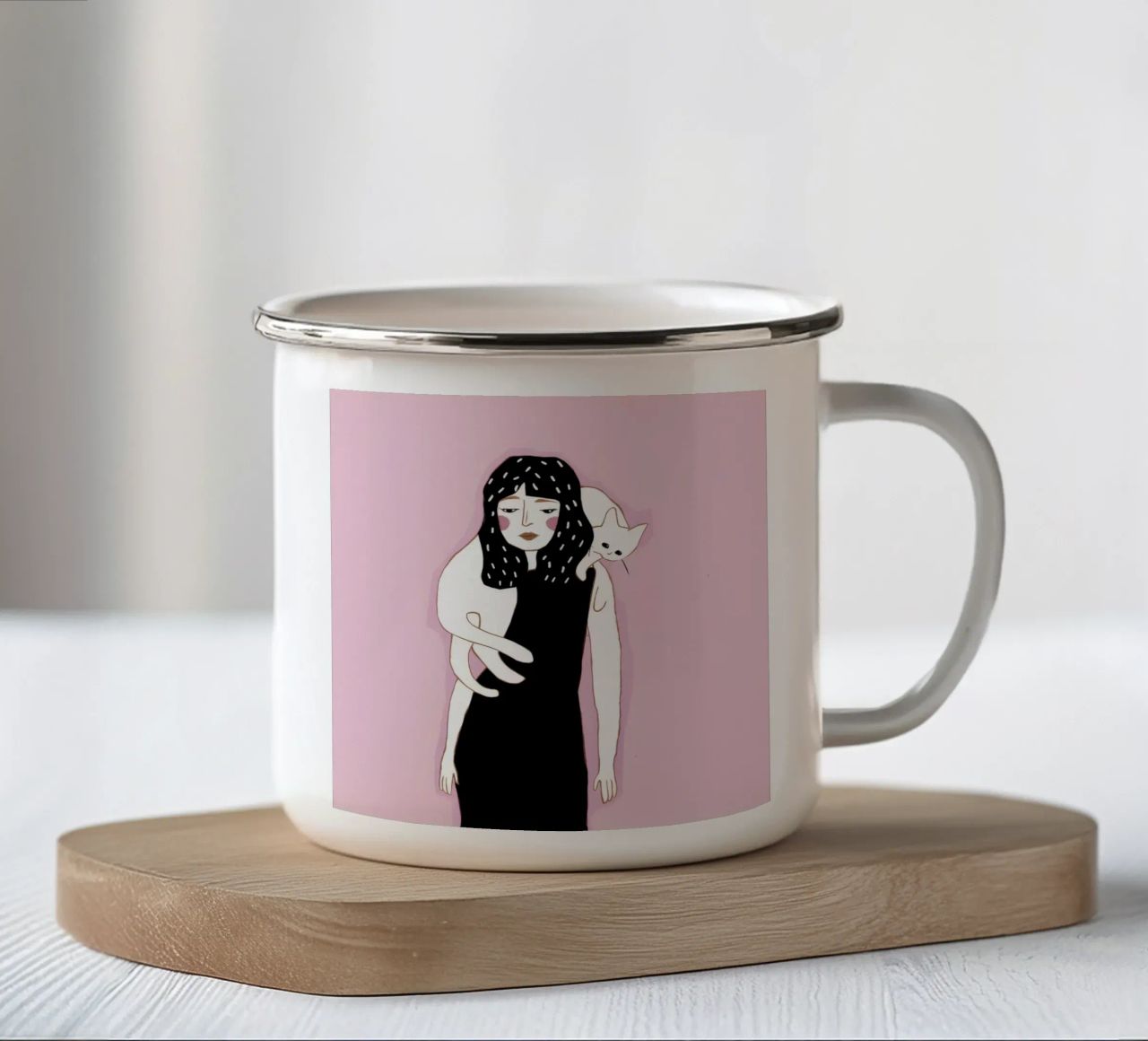 Reverie felina monocromatica tazza in smalto da Aether Brush