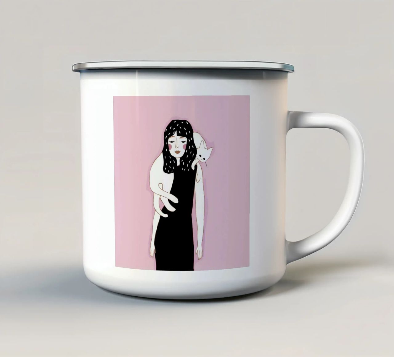 Reverie felina monocromatica tazza in smalto da Aether Brush