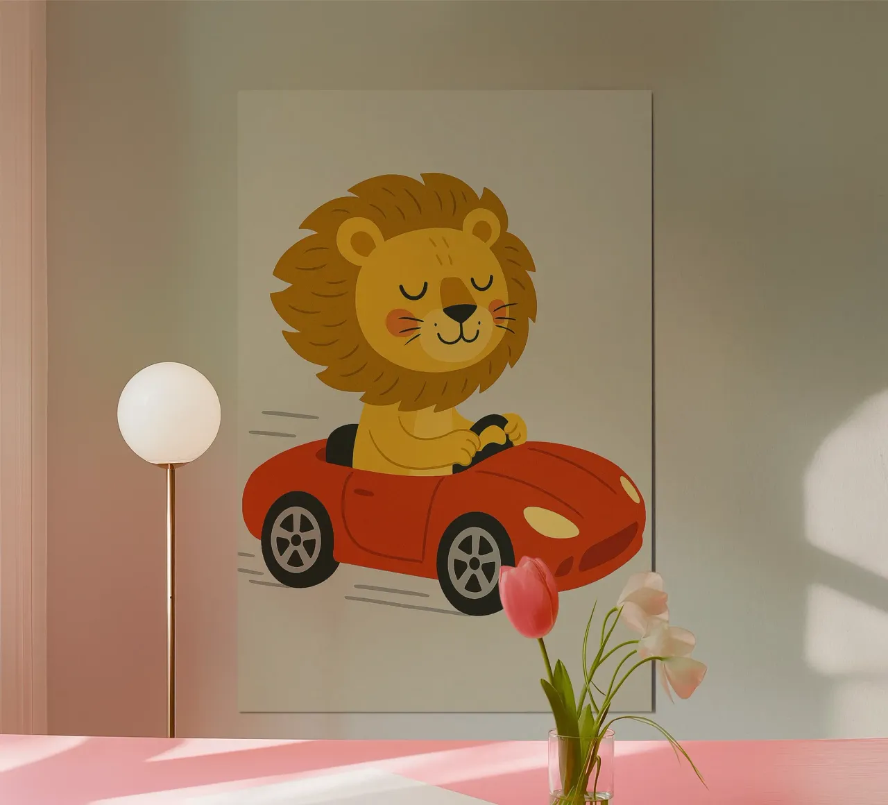 Lion conduisant une voiture de sport rouge - Kids Animals poster avec cadre en plastique de Tiny Tails & Stripes