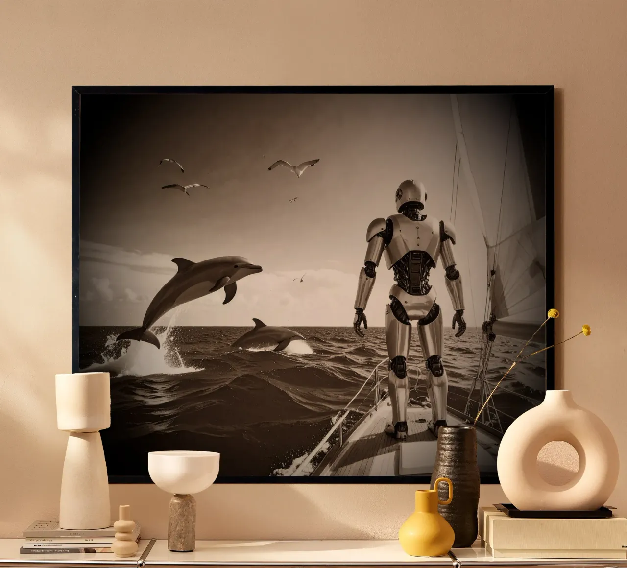 ROBOT SUR UN VOILIER. Vintage poster con telaio in legno da Thierry vobmann photography