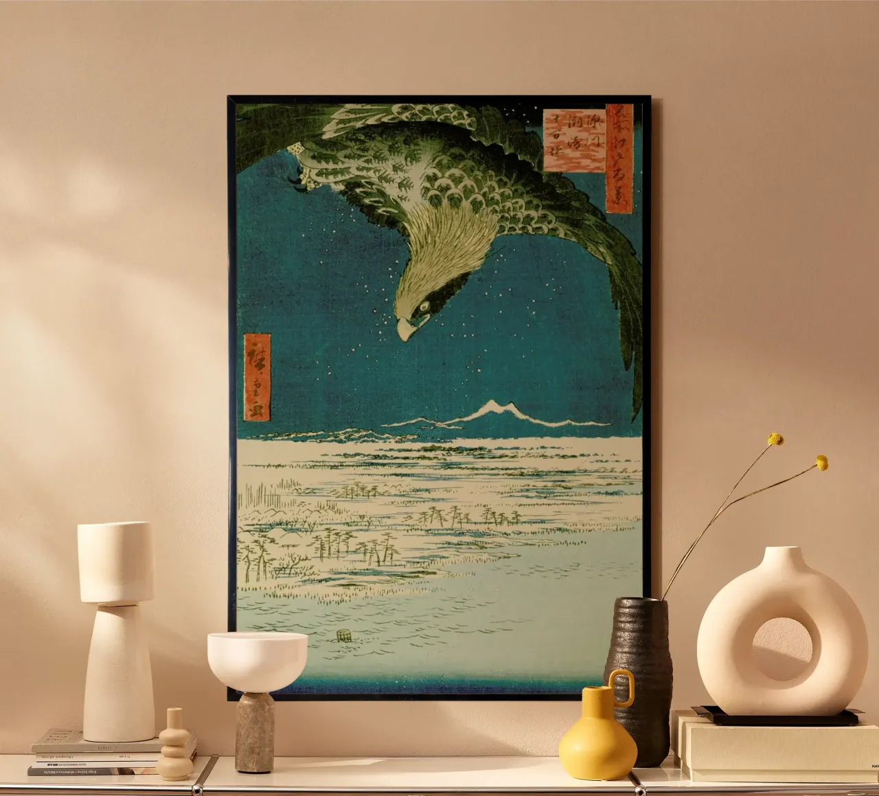 Hiroshige - One Hundred Thousand- Tsubo Plain at Susaki, Fukagawa poster con telaio in legno da ARTOTHEK