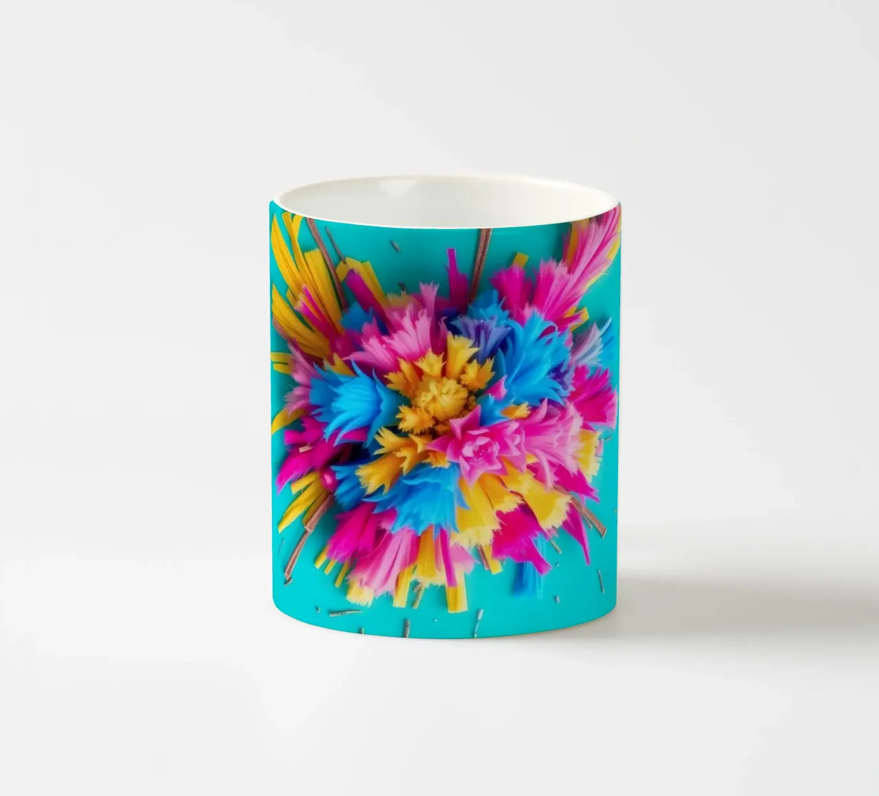 Brightly colored paper bursts create an artistic display ceramic mug by DesignDoodle