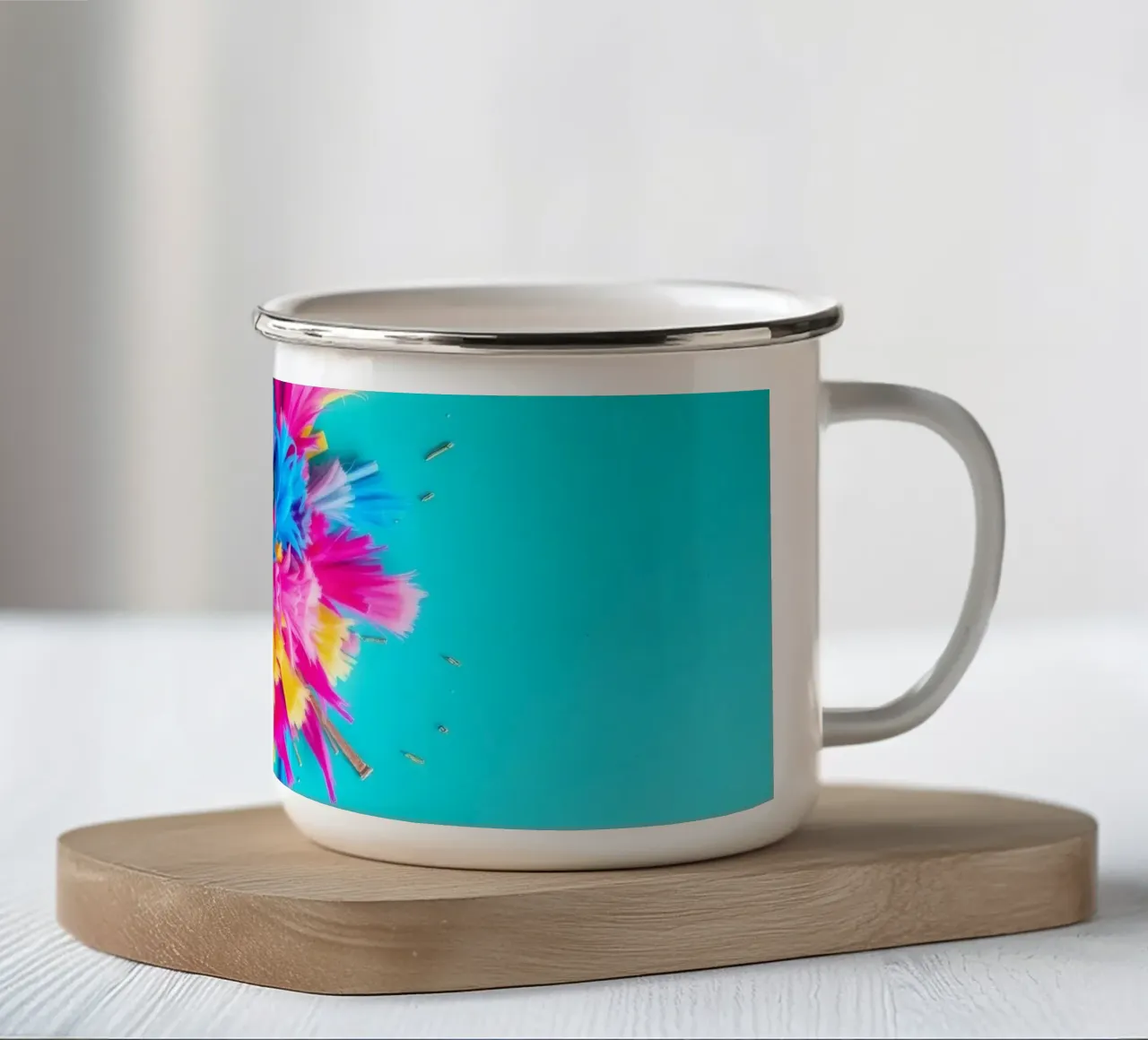 Brightly colored paper bursts create an artistic display enamel mug by DesignDoodle