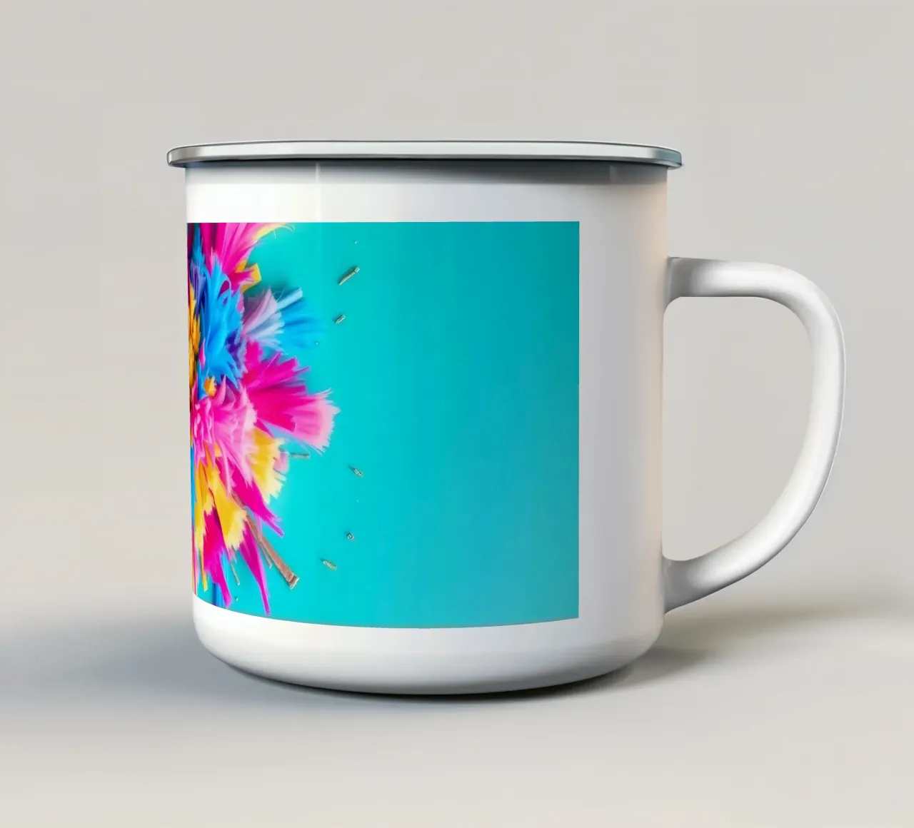 Brightly colored paper bursts create an artistic display enamel mug by DesignDoodle