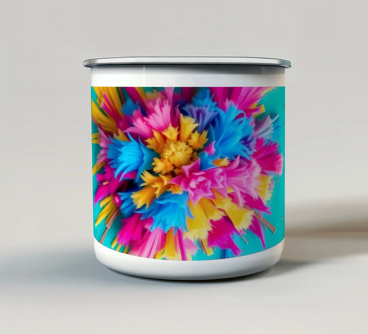 Brightly colored paper bursts create an artistic display enamel mug by DesignDoodle