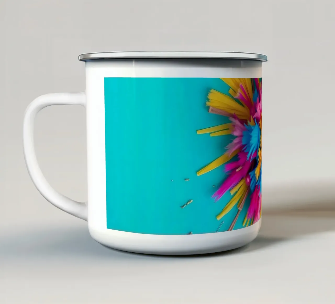 Brightly colored paper bursts create an artistic display enamel mug by DesignDoodle