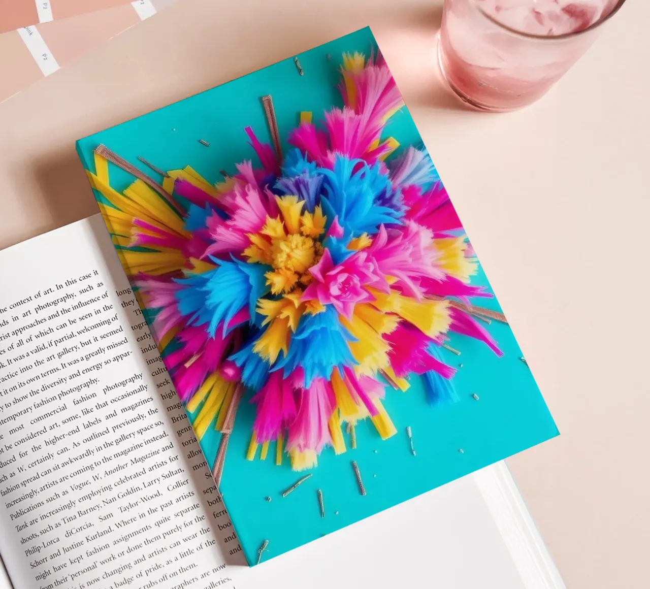 Brightly colored paper bursts create an artistic display notebook by DesignDoodle
