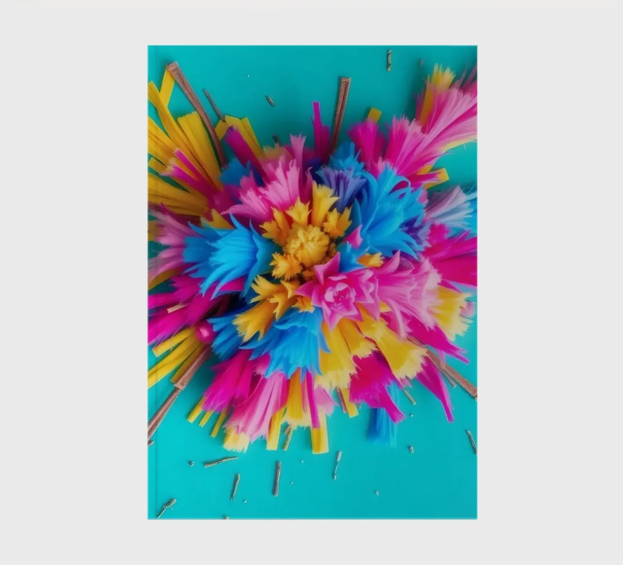 Brightly colored paper bursts create an artistic display notebook by DesignDoodle