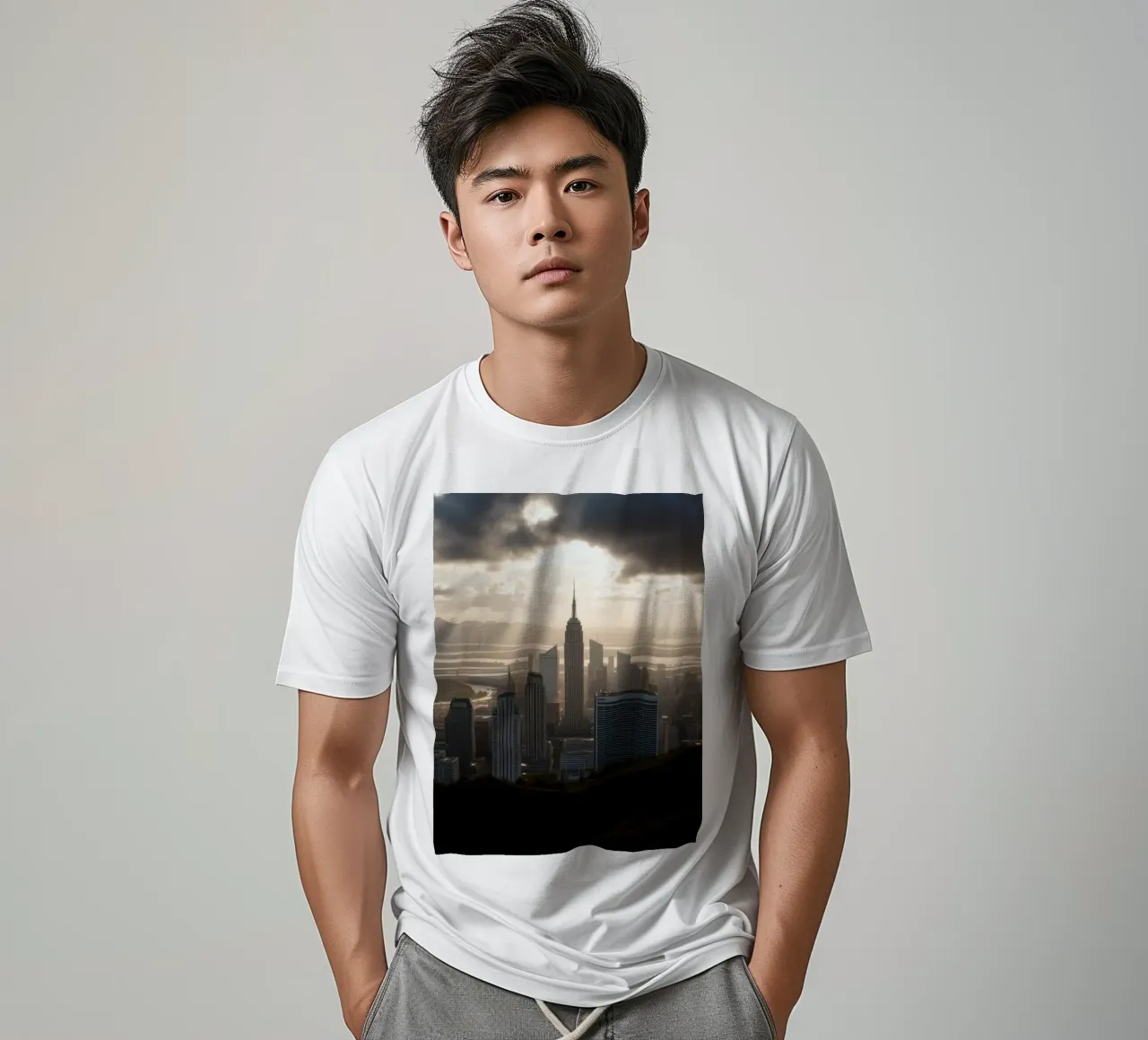 Il vibrante tramonto illumina lo skyline di una città con un'atmosfera drammatica. t-shirt da DesignDoodle