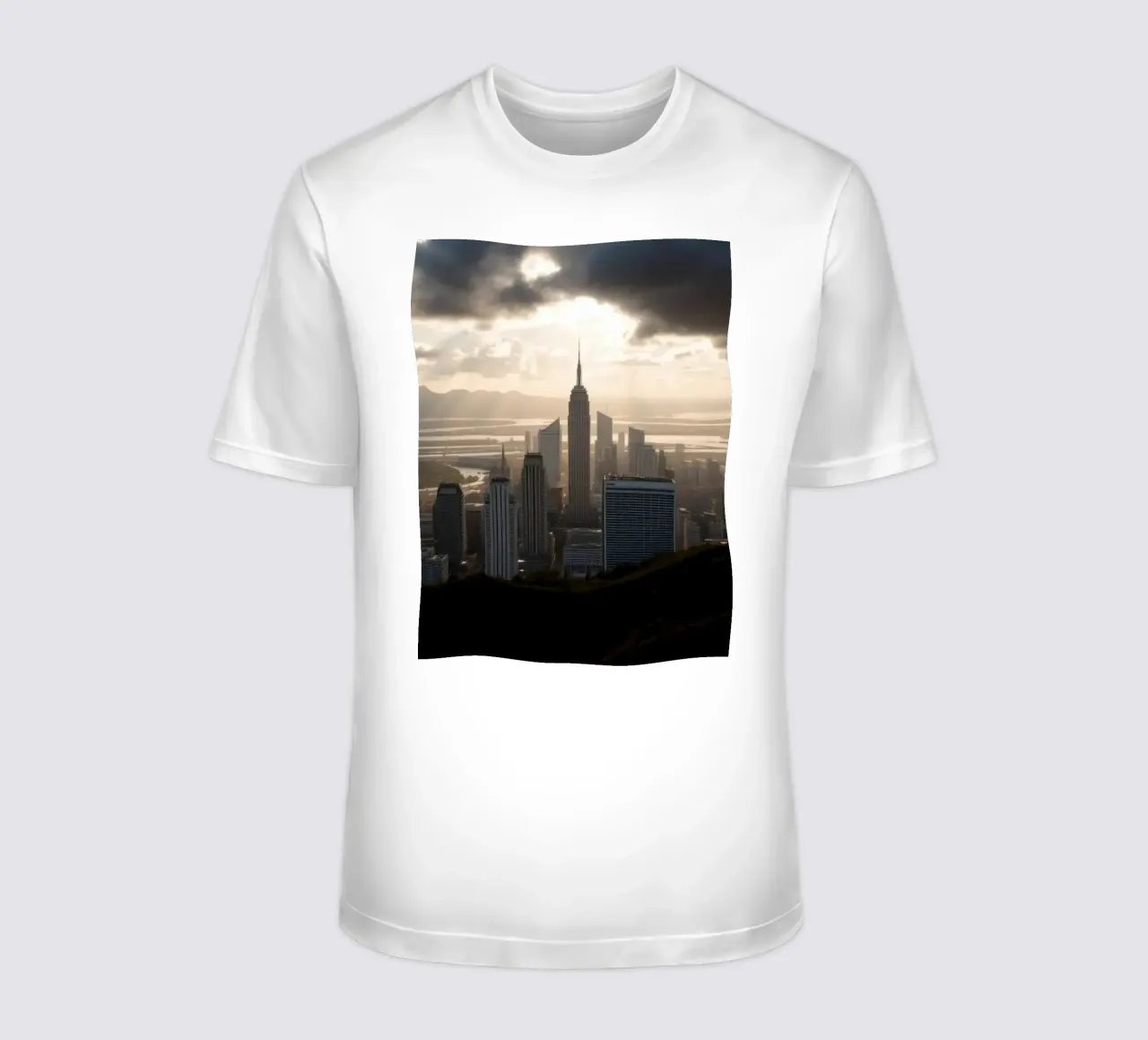 Il vibrante tramonto illumina lo skyline di una città con un'atmosfera drammatica. t-shirt da DesignDoodle