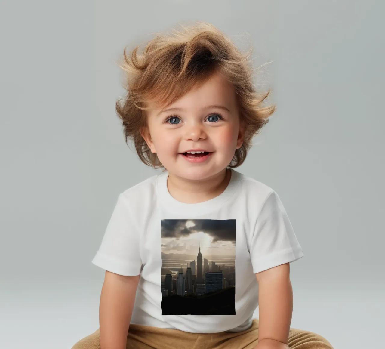 Il vibrante tramonto illumina lo skyline di una città con un'atmosfera drammatica. maglietta neonato da DesignDoodle