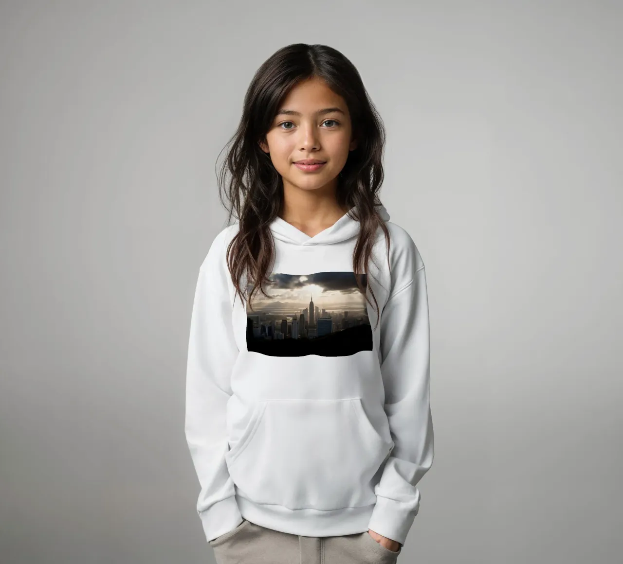 Vibrant sunset illuminates a city skyline with dramatic kids hoodie by DesignDoodle