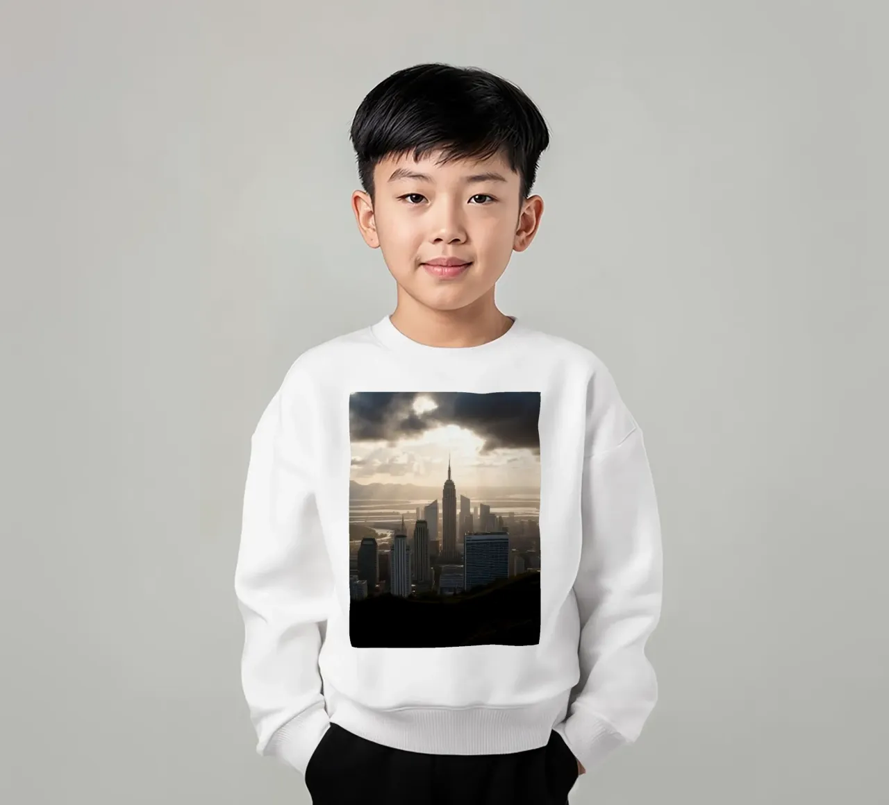 Il vibrante tramonto illumina lo skyline di una città con un'atmosfera drammatica. felpa bambino da DesignDoodle
