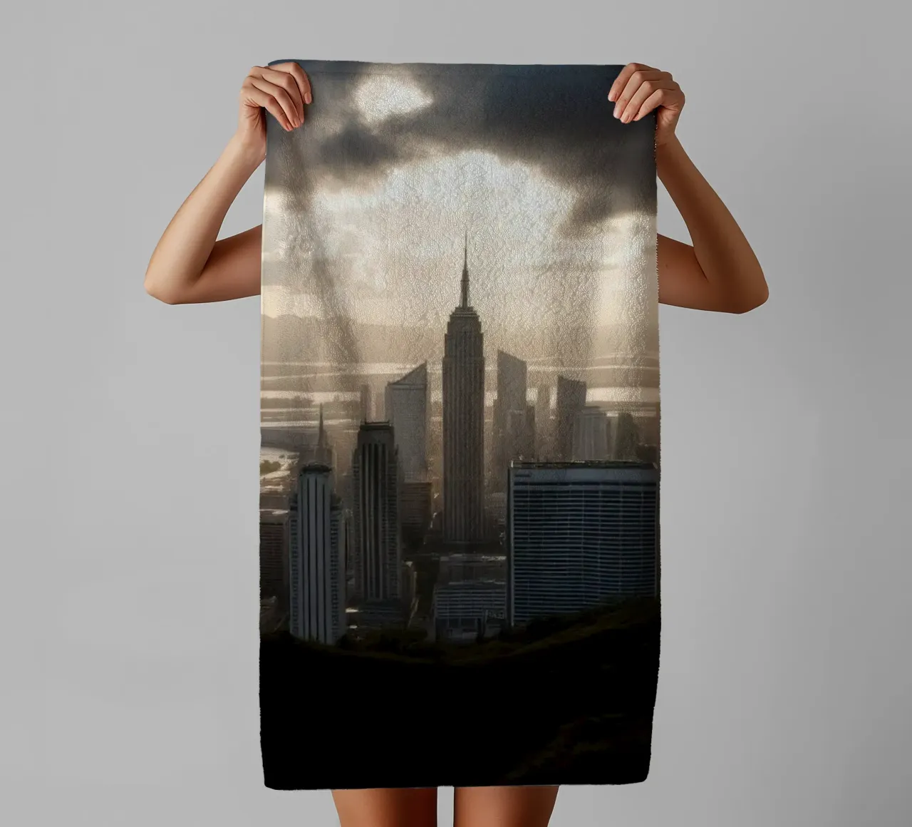 Il vibrante tramonto illumina lo skyline di una città con un'atmosfera drammatica. asciugamano da bagno da DesignDoodle