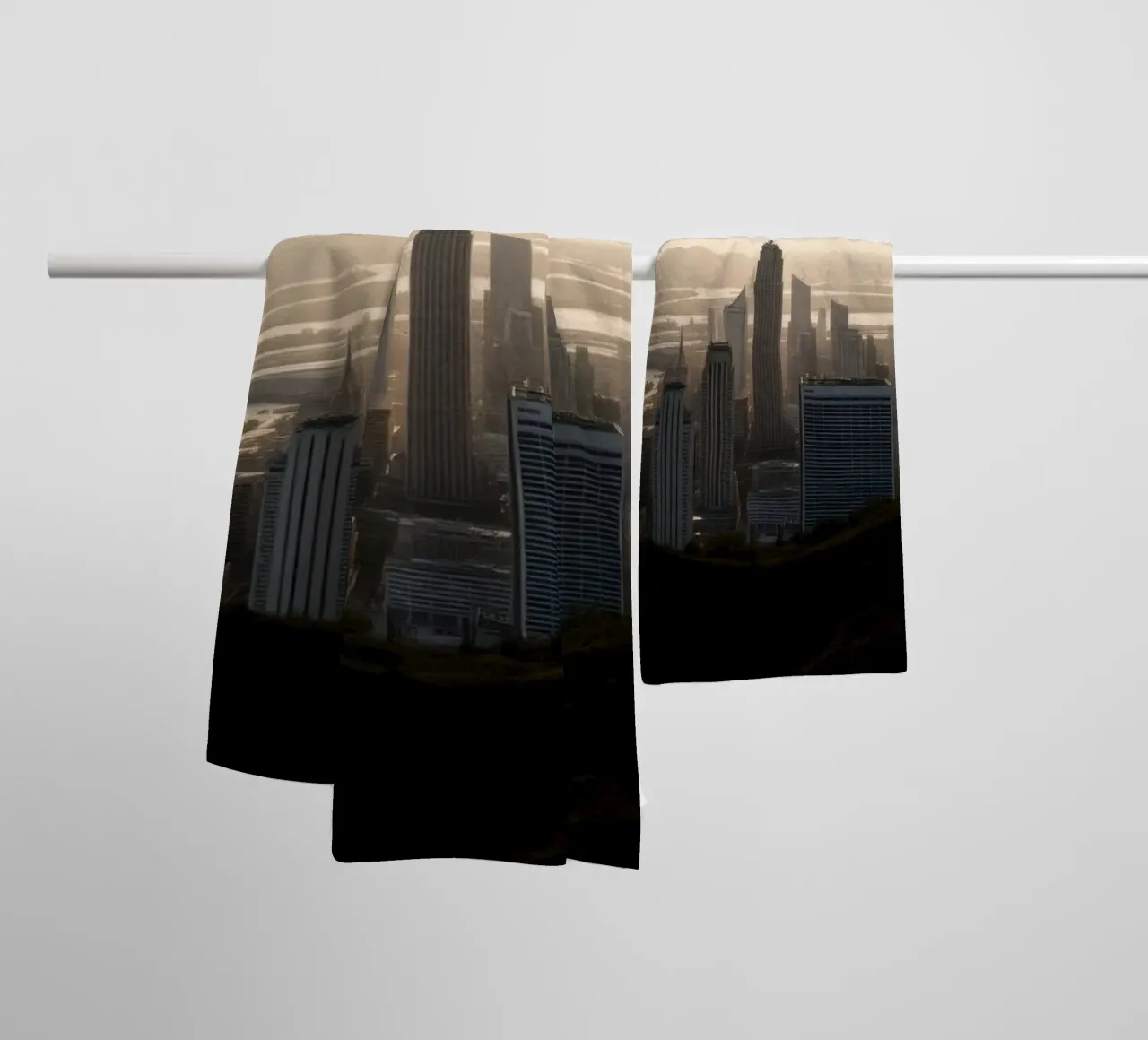 Il vibrante tramonto illumina lo skyline di una città con un'atmosfera drammatica. asciugamano da bagno da DesignDoodle