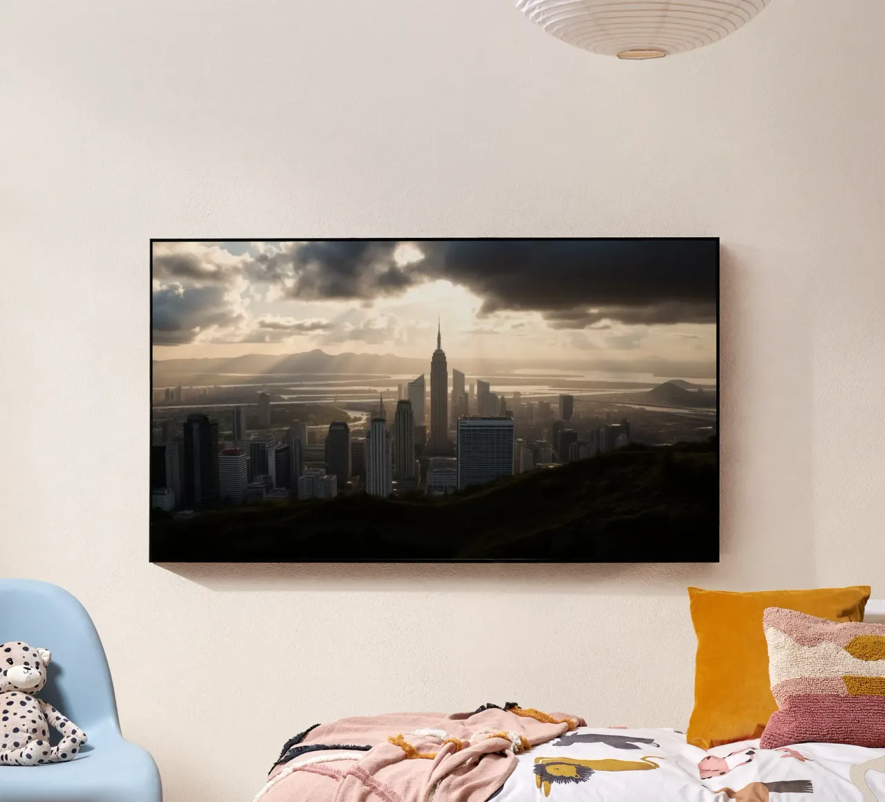 Il vibrante tramonto illumina lo skyline di una città con un'atmosfera drammatica. plexiglass da DesignDoodle