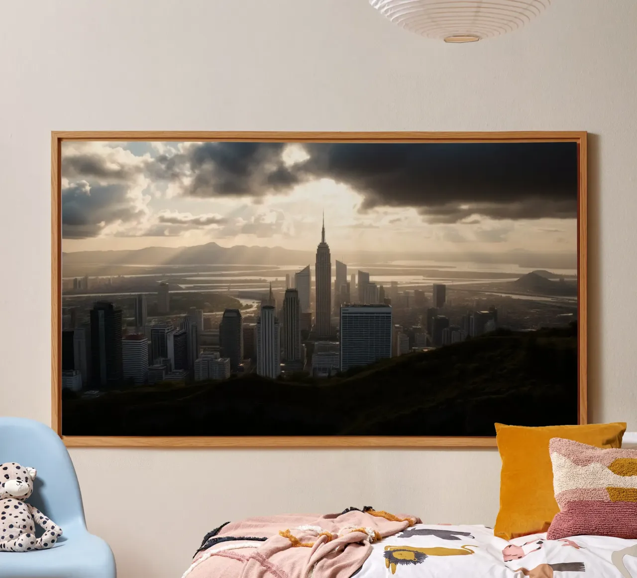 Il vibrante tramonto illumina lo skyline di una città con un'atmosfera drammatica. alluminio dibond da DesignDoodle