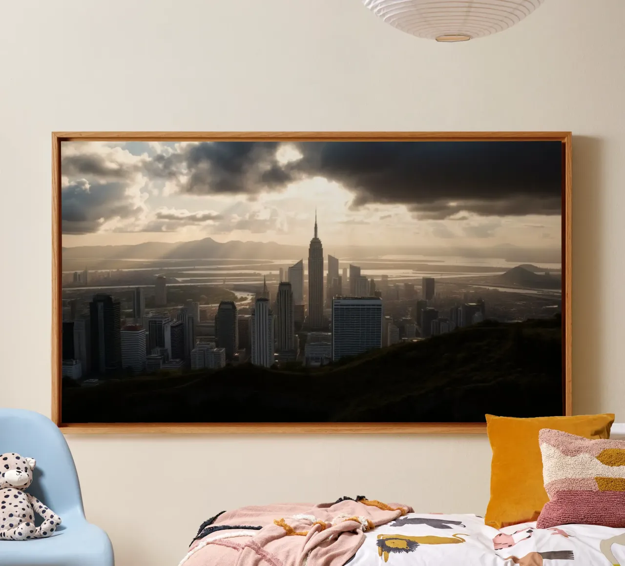 Il vibrante tramonto illumina lo skyline di una città con un'atmosfera drammatica. tela da DesignDoodle