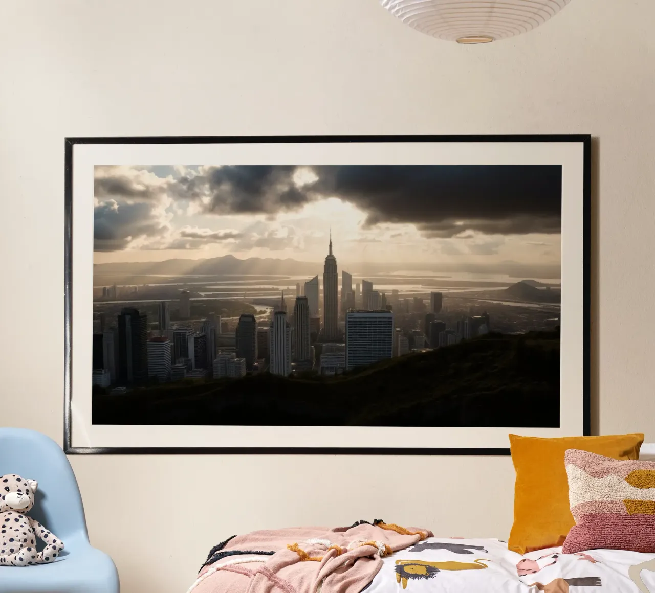 Il vibrante tramonto illumina lo skyline di una città con un'atmosfera drammatica. carta hahnemühle da DesignDoodle