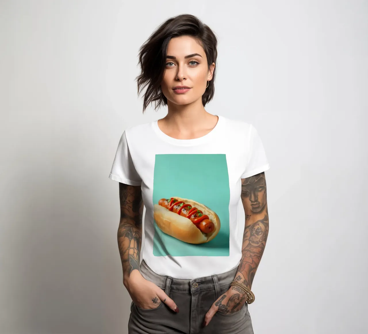Delicioso perrito caliente cubierto con ketchup y hierbas colocado en un camiseta de mujer de DesignDoodle