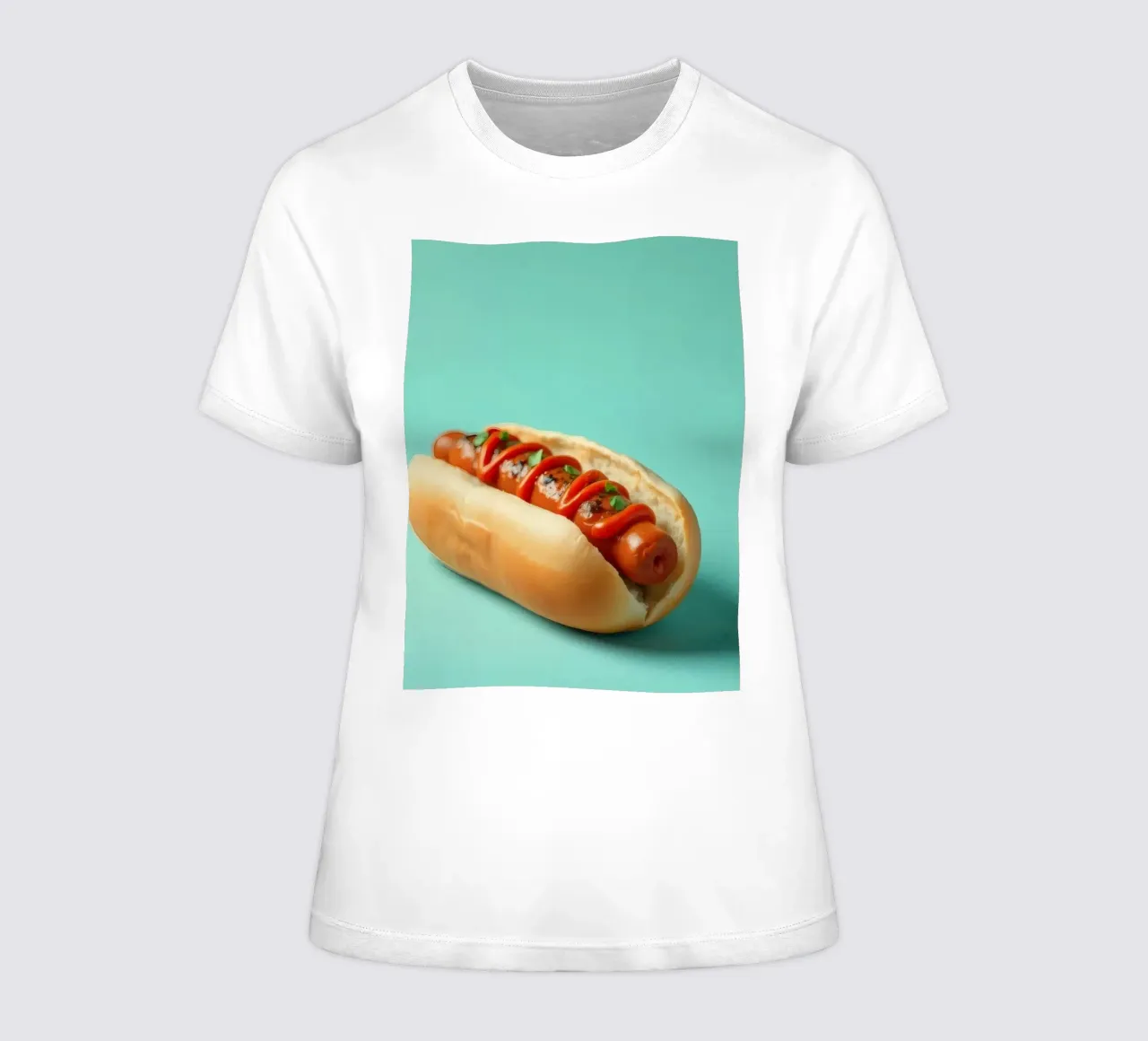 Delicioso perrito caliente cubierto con ketchup y hierbas colocado en un camiseta de mujer de DesignDoodle