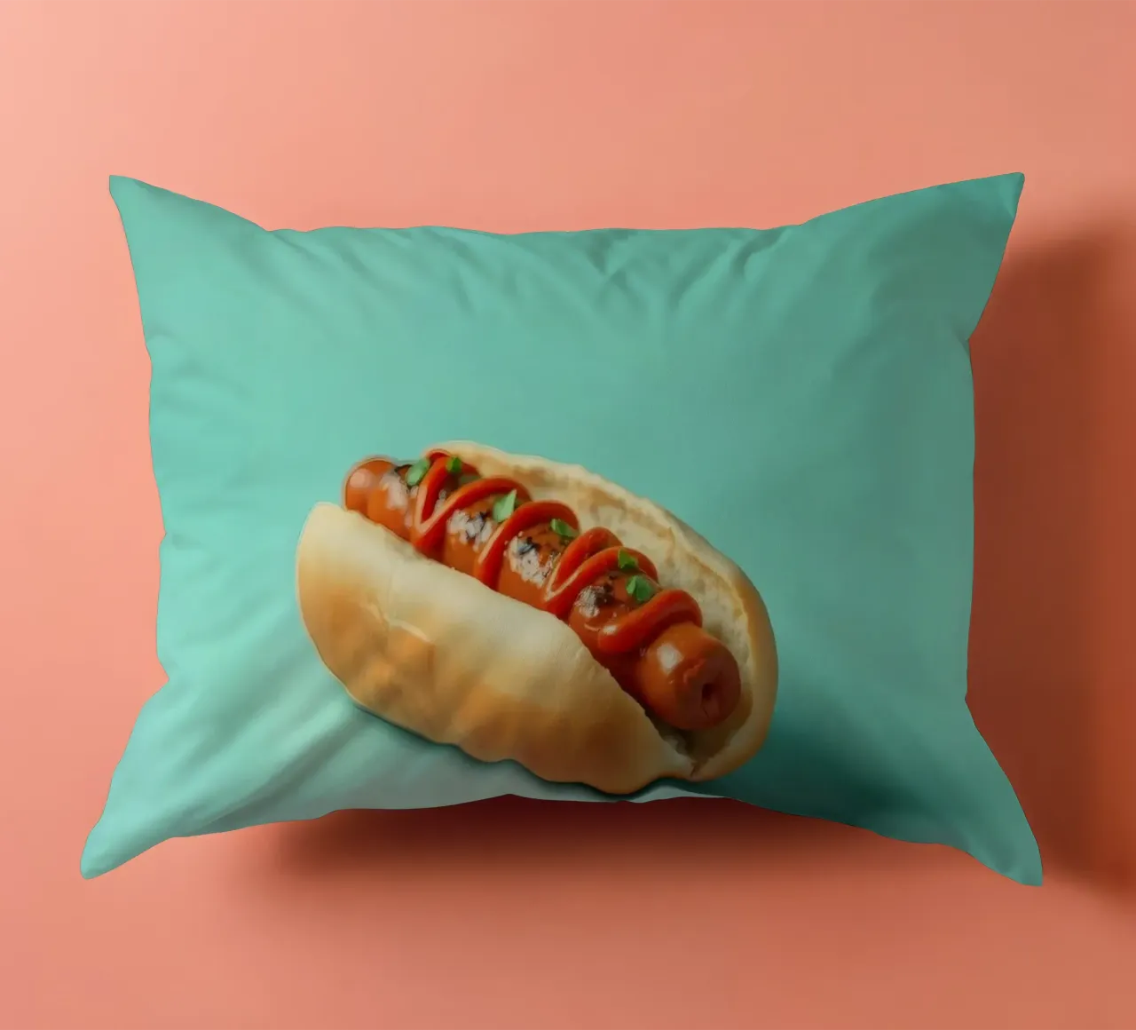 Delicious hot dog topped with ketchup and herbs placed on a decorative cushion by DesignDoodle