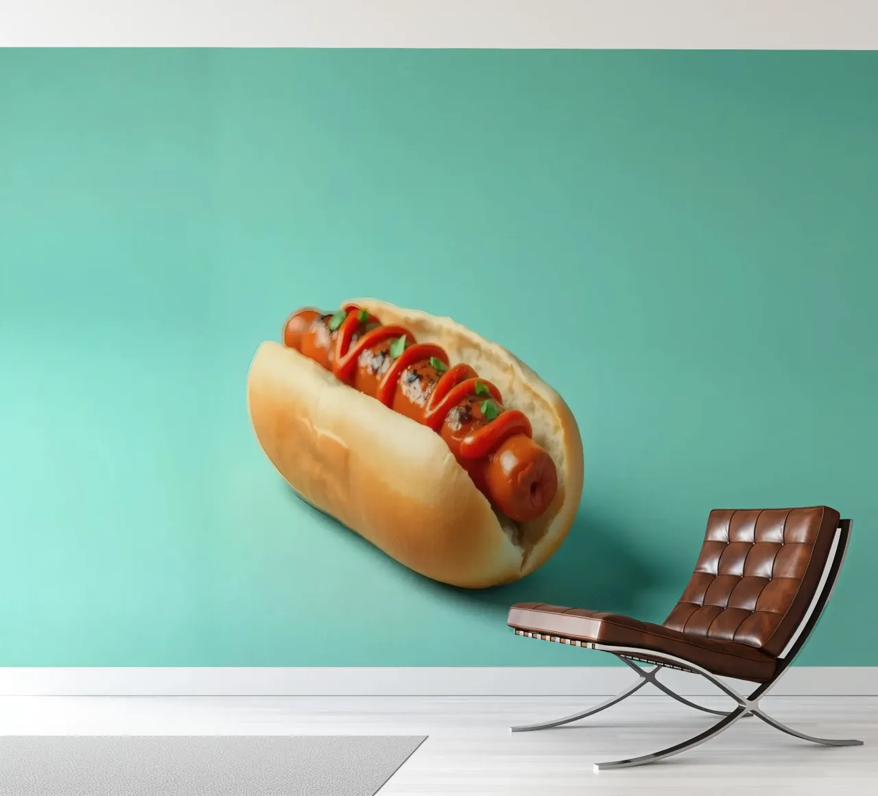 Delicioso perrito caliente cubierto con ketchup y hierbas colocado en un papel para pared de DesignDoodle
