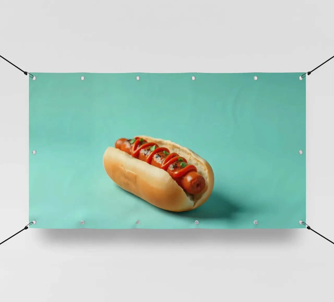 Delicioso perrito caliente cubierto con ketchup y hierbas colocado en un lonas publicitarias de DesignDoodle