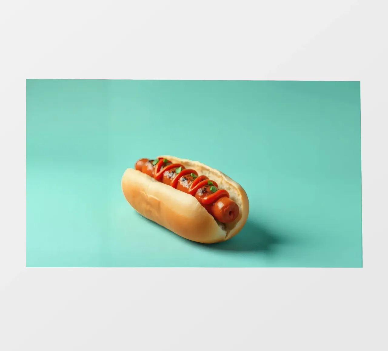 Delicioso perrito caliente cubierto con ketchup y hierbas colocado en un lonas publicitarias de DesignDoodle