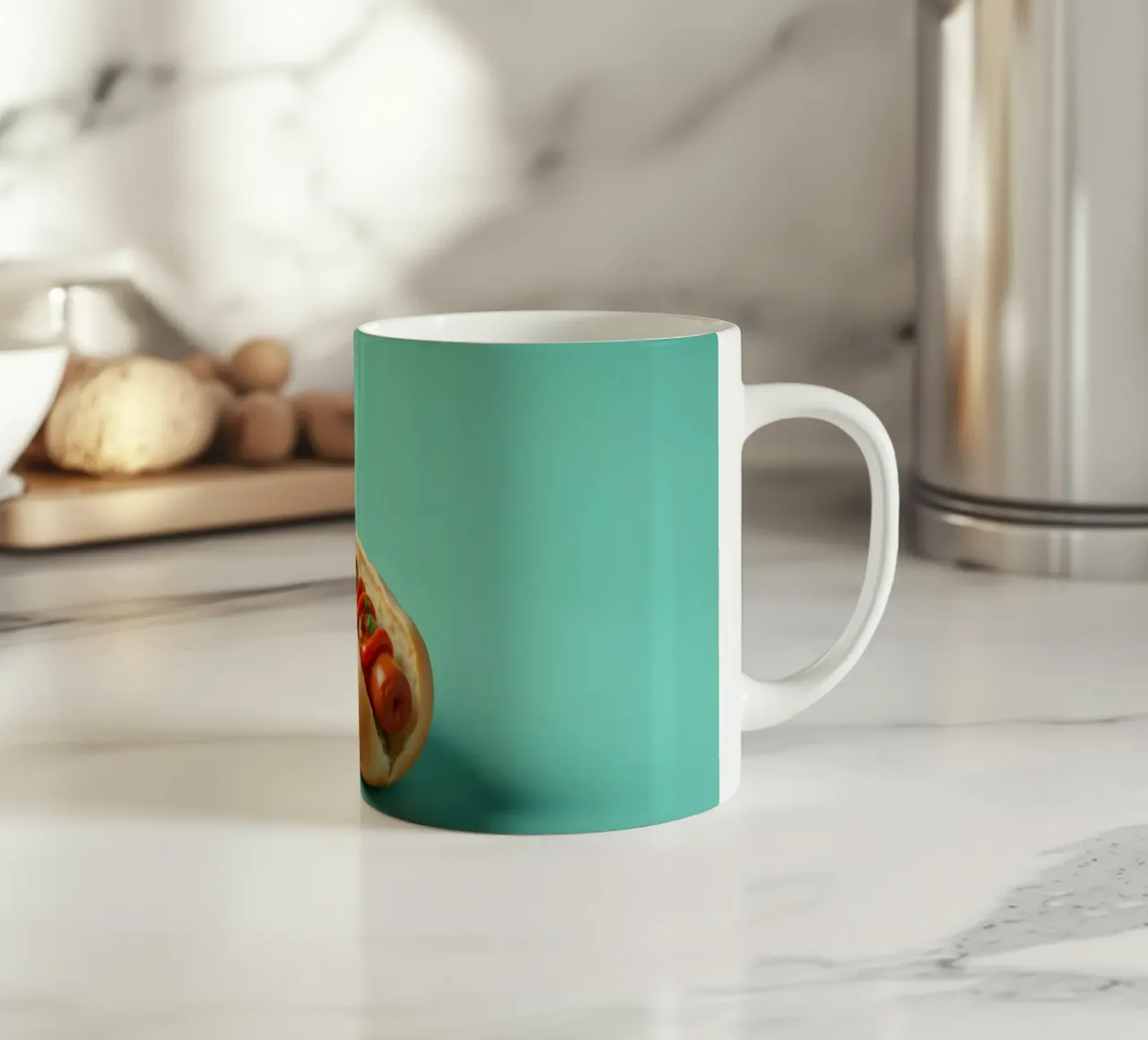 Delizioso hot dog condito con ketchup ed erbe aromatiche posto su un tazza in ceramica da DesignDoodle