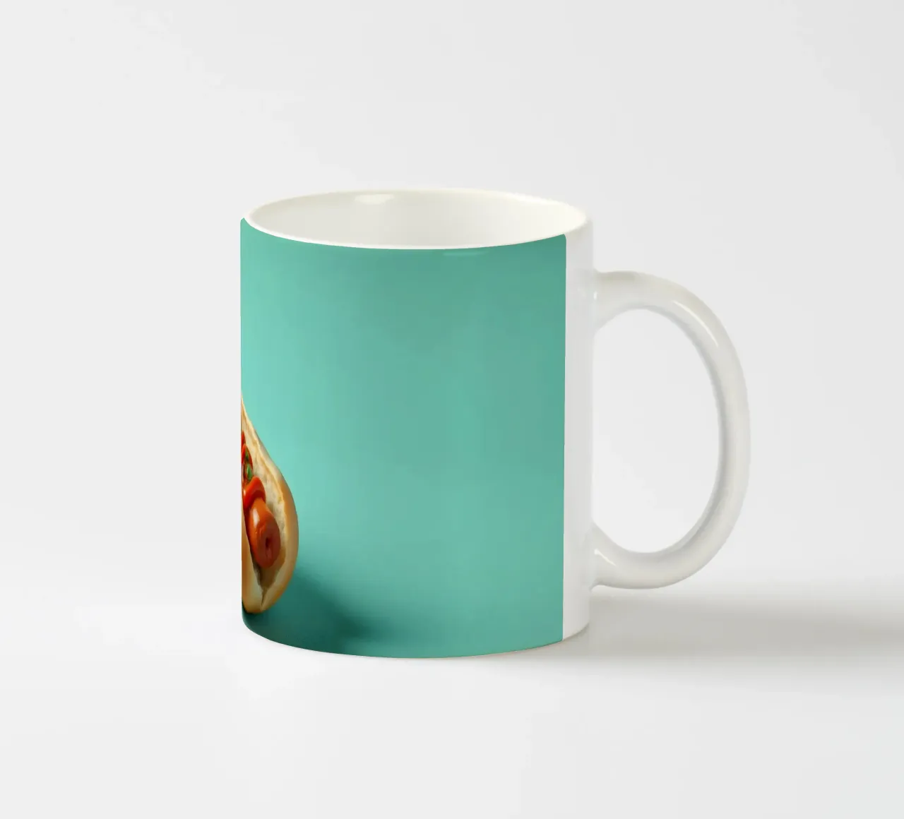 Delizioso hot dog condito con ketchup ed erbe aromatiche posto su un tazza in ceramica da DesignDoodle
