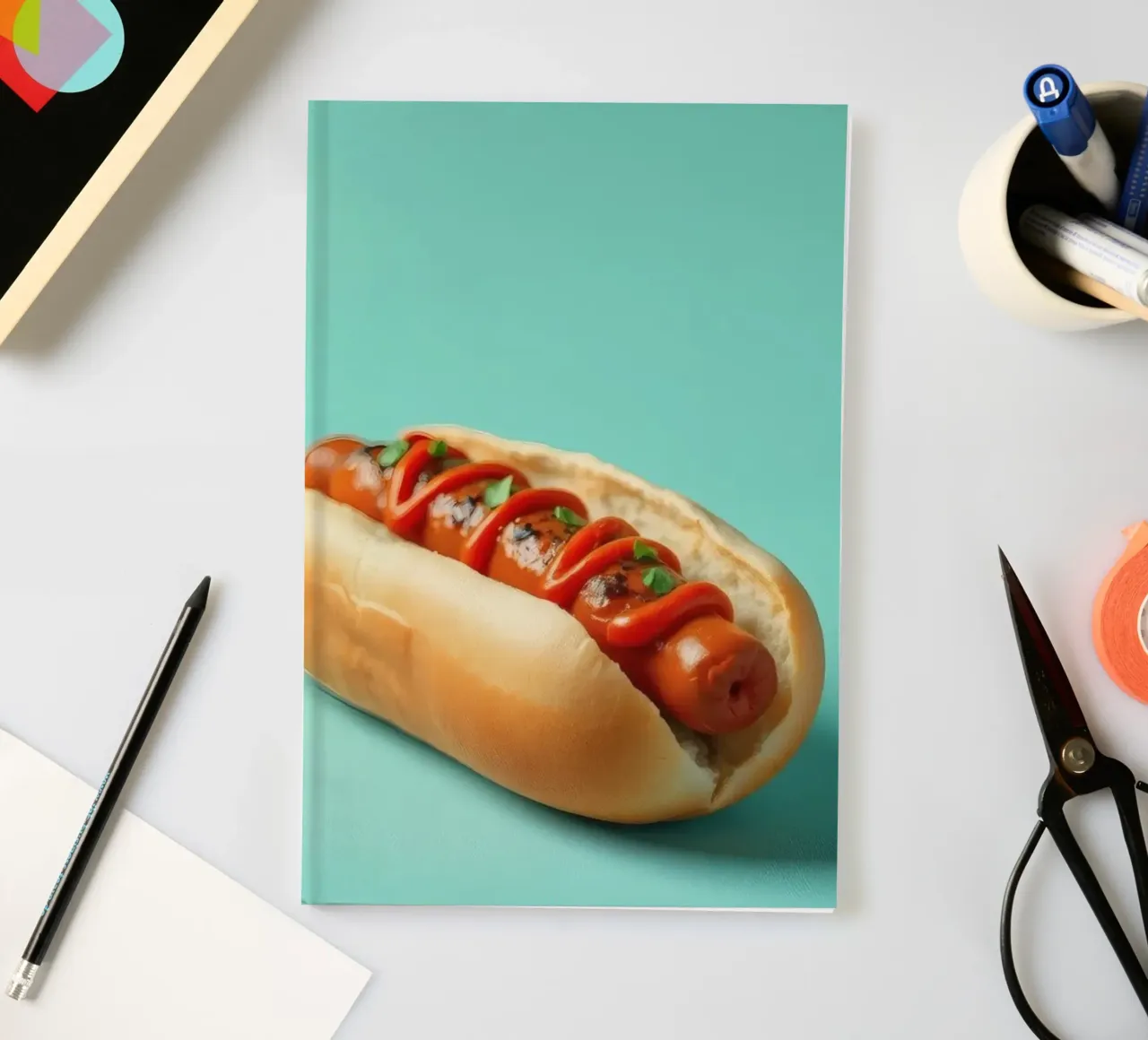 Delicious hot dog topped with ketchup and herbs placed on a notebook by DesignDoodle