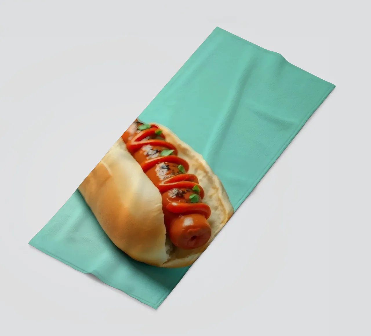 Delicioso perrito caliente cubierto con ketchup y hierbas colocado en un toalla de playa de DesignDoodle