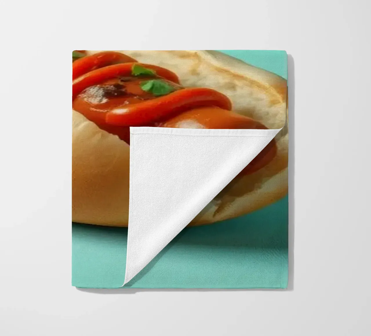 Delicioso perrito caliente cubierto con ketchup y hierbas colocado en un toalla de playa de DesignDoodle