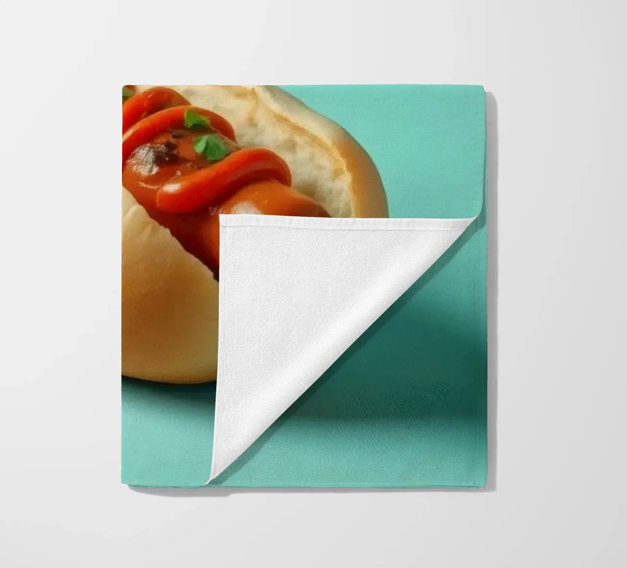 Delicioso perrito caliente cubierto con ketchup y hierbas colocado en un toalla de playa de DesignDoodle