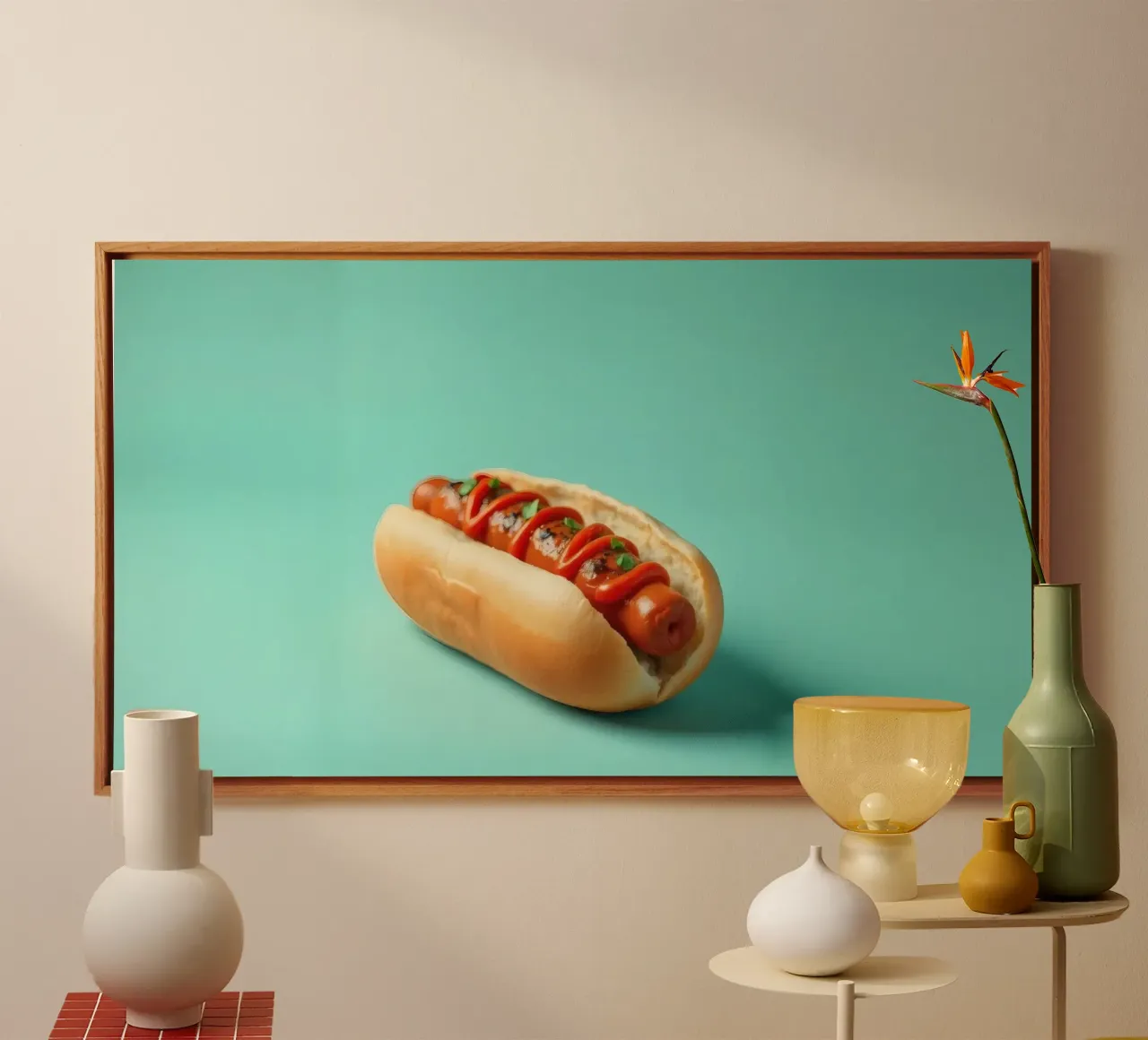 Delicioso perrito caliente cubierto con ketchup y hierbas colocado en un lienzo de DesignDoodle