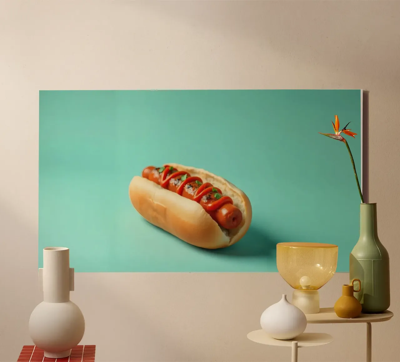 Delicioso perrito caliente cubierto con ketchup y hierbas colocado en un lienzo de DesignDoodle