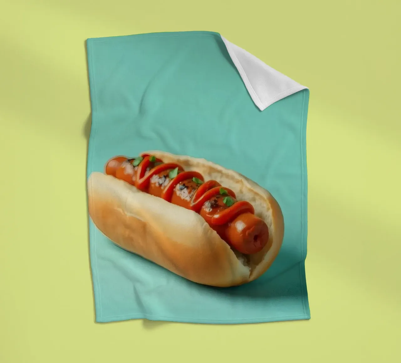 Delicioso perrito caliente cubierto con ketchup y hierbas colocado en un manta de franela de DesignDoodle